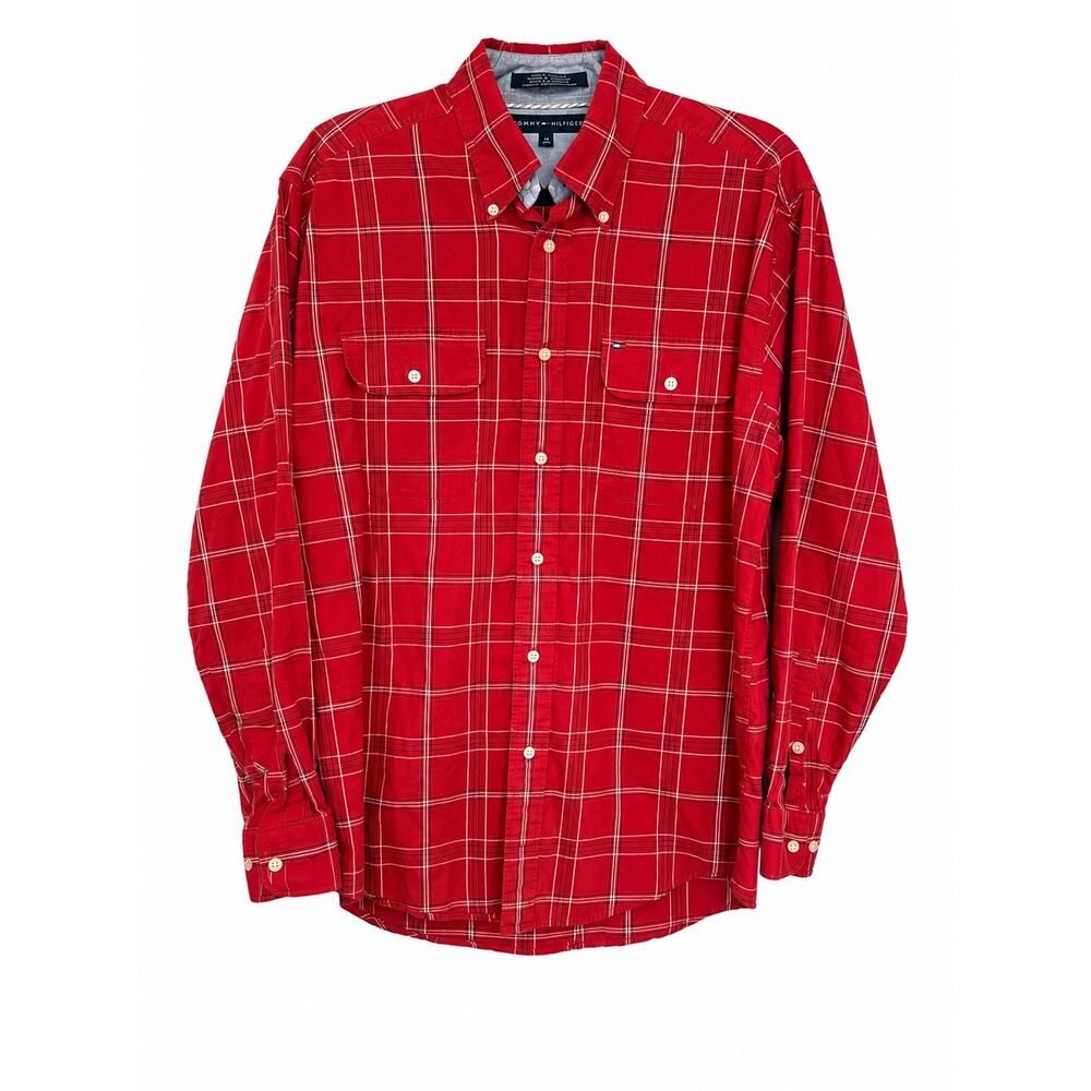 Tommy Hilfiger Mns Medium Red Plaid Button Down Shirt Cotton 90s Preppy Workwear